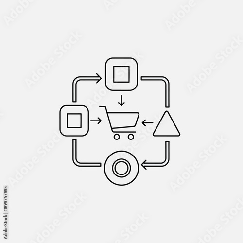 Shopping cart process flowchart with interconnected geometric shapes