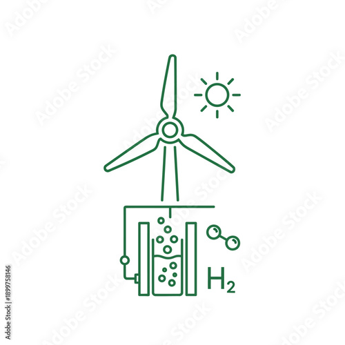 Wind turbine and sun powering green hydrogen electrolysis icon