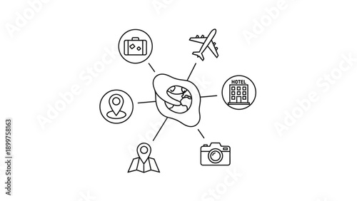 World travel planning icons network concept on white