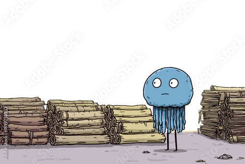 Cartoon Jellyfish Surrounded by Wood Piles