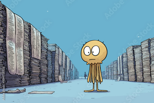 Cartoon Jellyfish Surrounded by Wood Piles