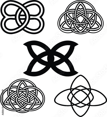 Set of five various celtic knots design elements, collection of traditional irish and scottish symbols
