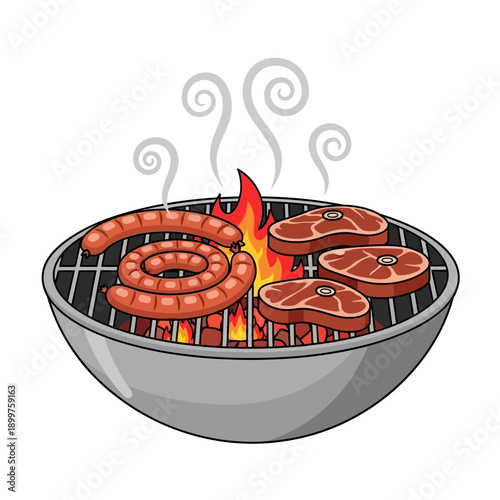 Sausages and steaks cooking on a charcoal grill with flames and smoke