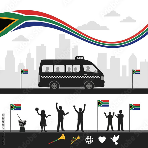 South African taxi van drives through city with flag and people celebrating