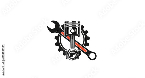 Automotive Engine Piston with Wrench and Gear.