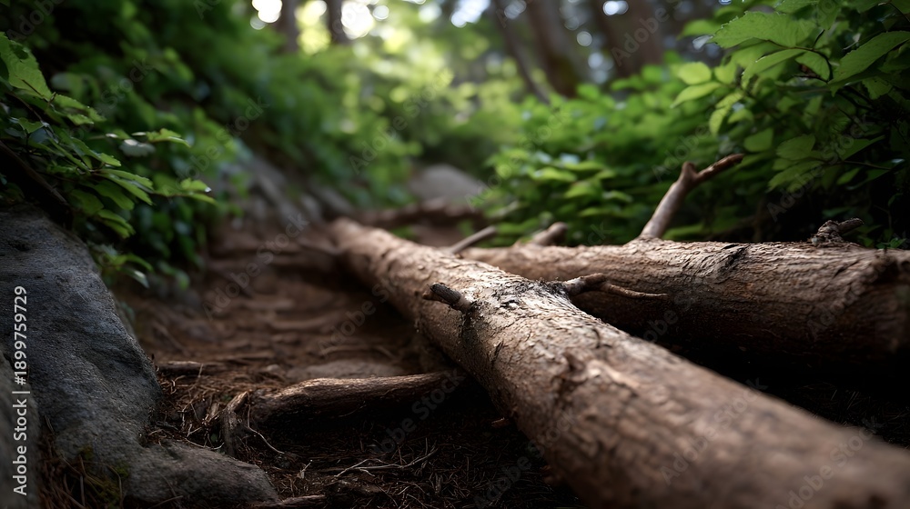 Fototapeta premium Fallen logs create natural obstacles on a sun d d forest hiking trail