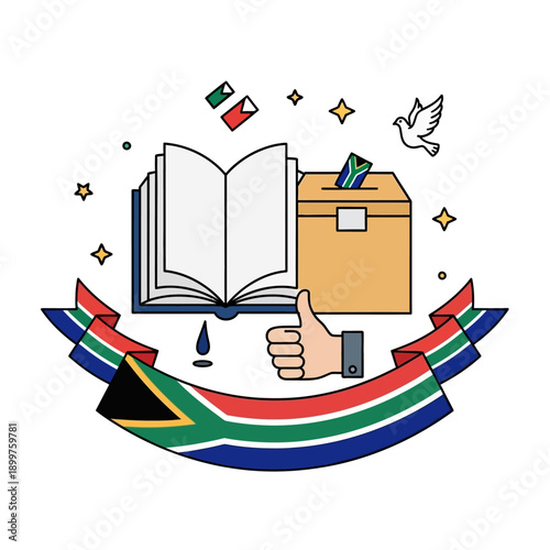 South Africa election symbol with open book, ballot box and dove of peace