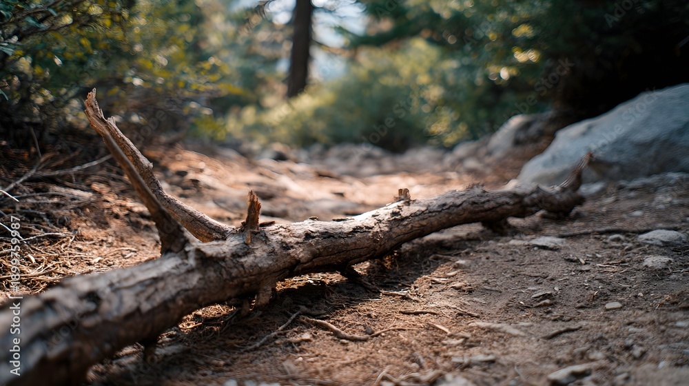 Fototapeta premium A dry fallen tree branch rests on a dirt trail in a sunlit forest presenting a natural obstacle