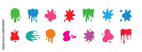 Colorful Paint Splatter Set – Round Splash and Liquid Stain Shapes Vector, Different splashes and drops, cartoon spatters. Stain colored ink collection.