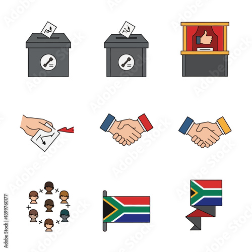 South Africa voting icons set with ballot box and handshake