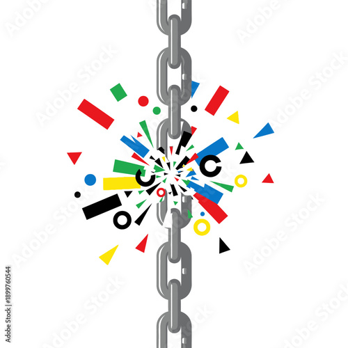 Breaking chain with colorful abstract explosion symbolizing freedom and change