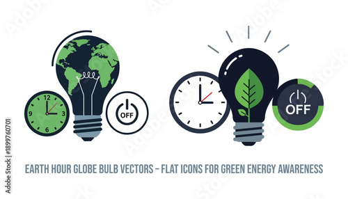 Earth Hour Globe Bulb Vectors – Flat Icons for Green Energy Awarenes