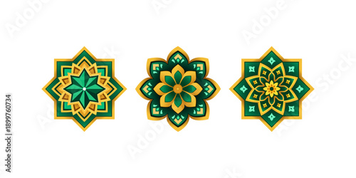 Islamic geometric ornament set with green and gold mandala patterns, inspired by traditional arabesque design. Ideal for Ramadan, Eid, Islamic decoration, branding, and elegant background elements.