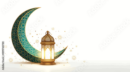 A lantern sitting next to a green crescent moon