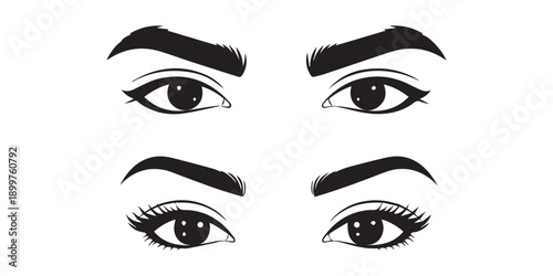 man and woman isolated vector eyes and eyebrows silhouette illustration white background, Man and woman eyes and eyebrows set collection pack bundle black shape icon silhouette vector flat