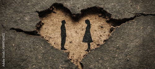Silhouette couple on cracked hearth love symbol. Generative AI technology.