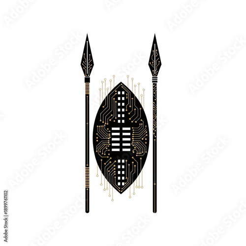 Traditional shield and spears with digital circuit pattern representing tech
