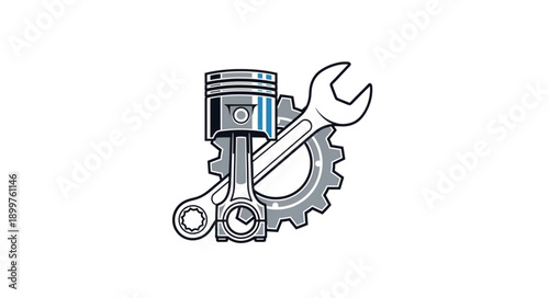 Automotive Engine Piston Wrench and Gear Illustration.