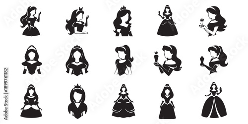 Vector silhouette set of cameo man and woman on white background, Black silhouette set of cameo man and woman on white background, Princess silhouette bundle, princesses silhouette vector illustration