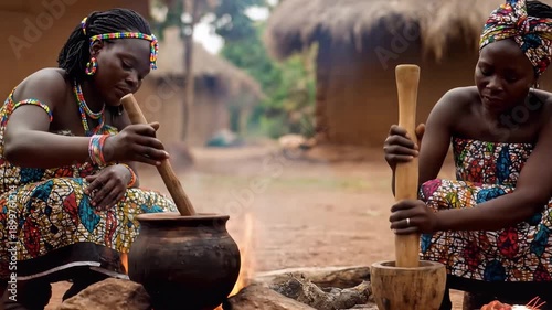 African women preparing traditional food in a rural village