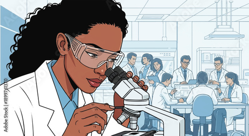 Female African American Scientist Using Microscope in High Tech Clinical Laboratory
