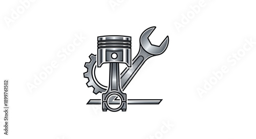 Automotive Engine Piston with Wrench and Gear.