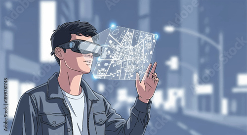 Young Man Wearing VR Goggles Interacting with Virtual City Map Interface