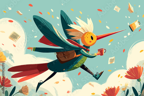 Whimsical Bird Carrying Books and Tea in a Colorful Garden
