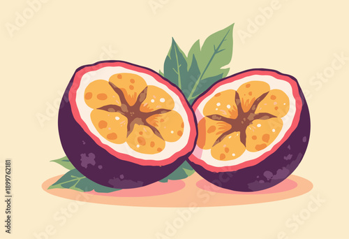 Passion Fruit cut half showing orange seeds pulp Tropical