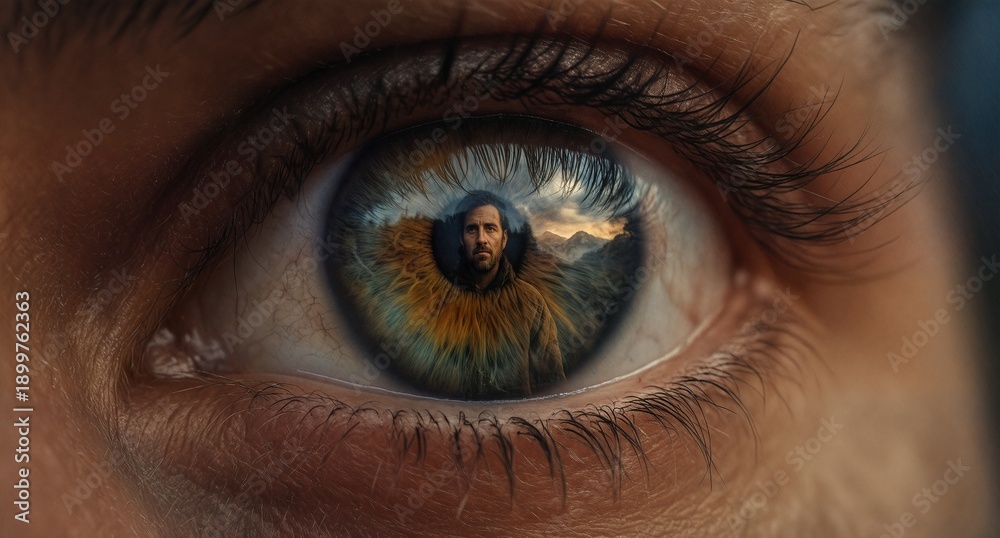 Fototapeta premium human eye, rugged landscape, mountains, sunset
