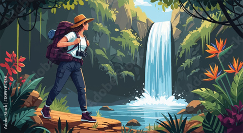 Female Backpacker Exploring Tropical Jungle Waterfall Adventure and Nature Travel