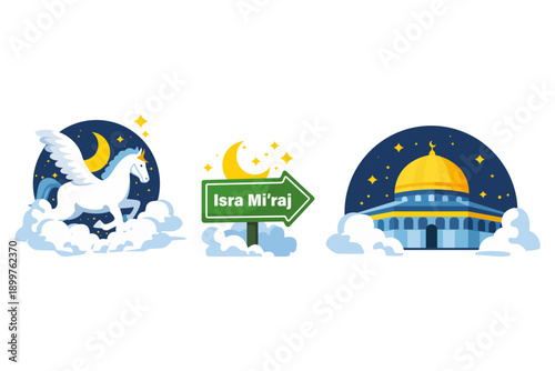 Isra Mi'raj Islamic illustration featuring mosque dome, night sky, clouds, and symbolic elements. Ideal for Islamic holidays, religious education, Ramadan content, and Muslim spiritual themes.