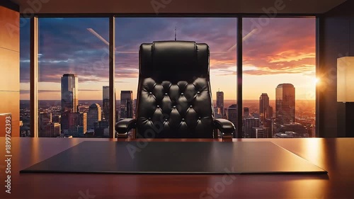 Wallpaper Mural Luxury executive office interior with desk and panoramic city skyline view at sunset. Modern corporate workspace background. Torontodigital.ca