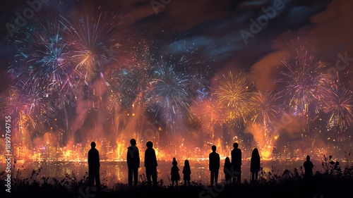Dark silhouettes of people watching vibrant fireworks bursting across a smoky night sky, creating a dramatic and celebratory atmosphere