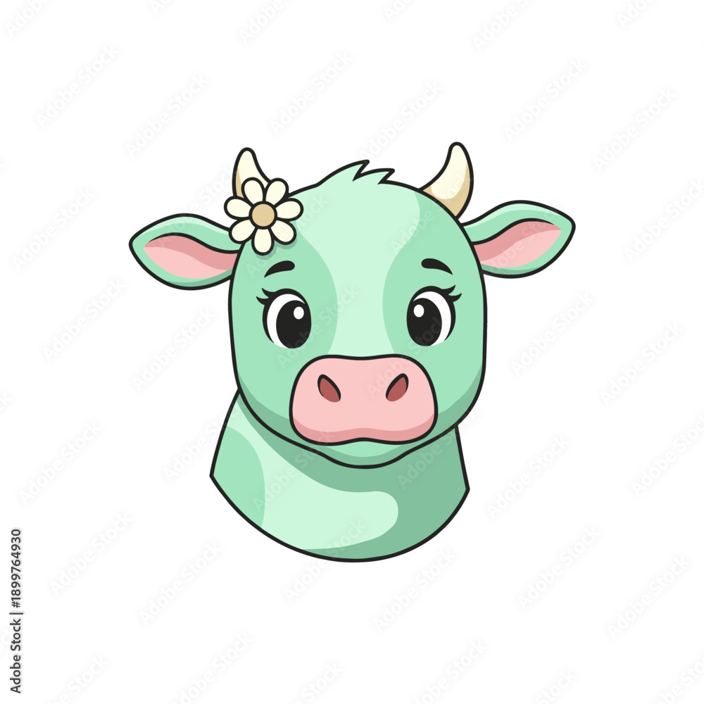 Fototapeta premium Adorable Mint Green Cartoon Cow with a Daisy Flower
