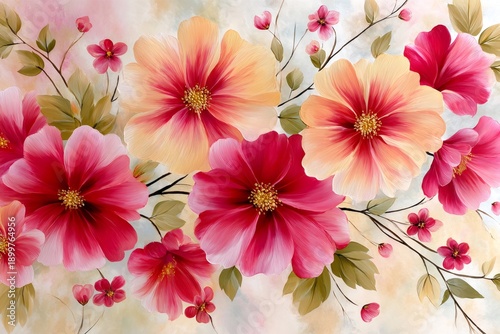 Vibrant floral painting displaying colorful blooming flowers and leaves