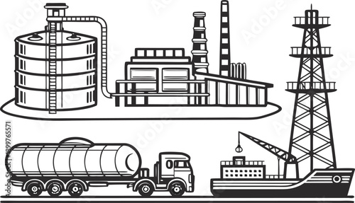 Vector illustration set of an industrial oil and gas factory featuring a city construction silhouette with cranes, trucks, and machines for urban business and transport design