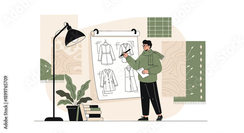 A creative fashion designer crafting innovative designs and sketches in their artistic studio space