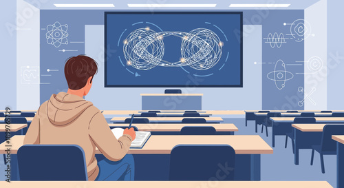 A focused student engaging with complex diagrams in a modern classroom environment