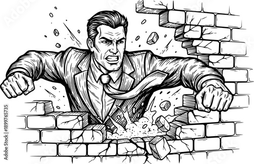 determined businessman smashing through a wall, symbolizing strength, breakthrough, and ambition .