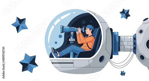 A futuristic astronaut watches the stars using a telescope in a space habitat
