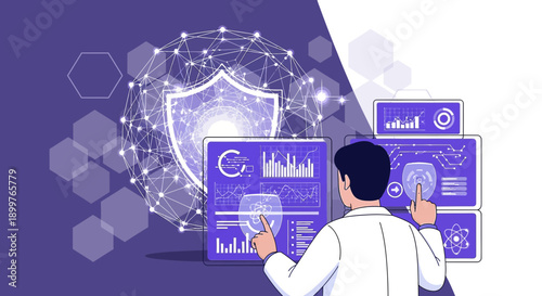 A Futuristic depiction of data analysis with shield security network interface and interactive