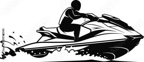 Jet ski racing silhouette vector illustration, extreme water sport action with rider splashing waves, dynamic marine adventure design, modern graphic art