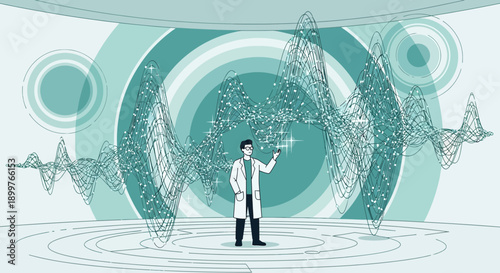 A scientist presenting complex data visualization within a modern research environment