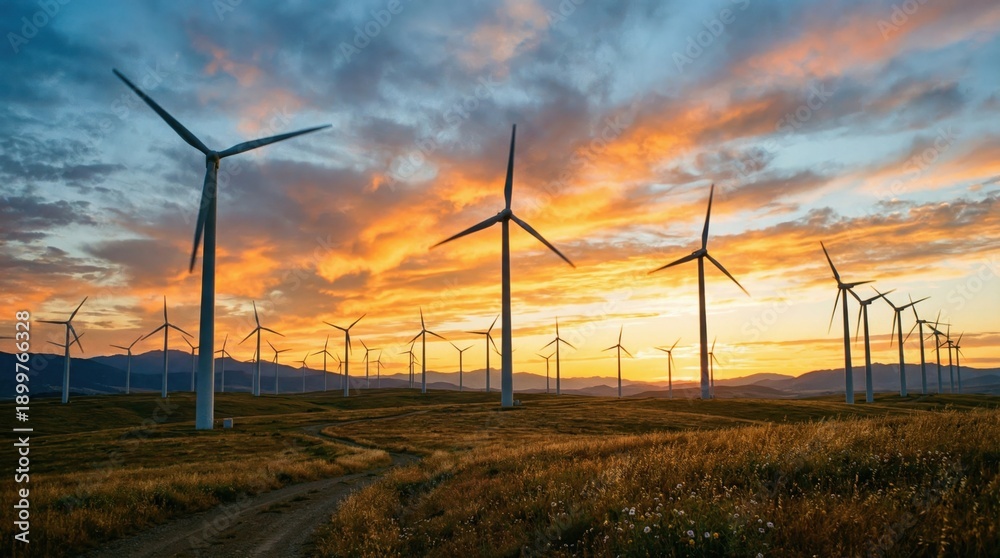 Obraz premium Wind turbines at sunset, renewable energy farm, power generation, sustainable future