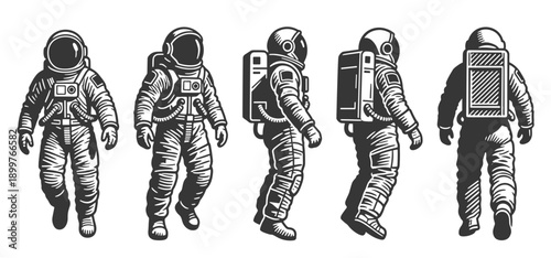 Astronaut in Various Poses in Vintage Style Illustration