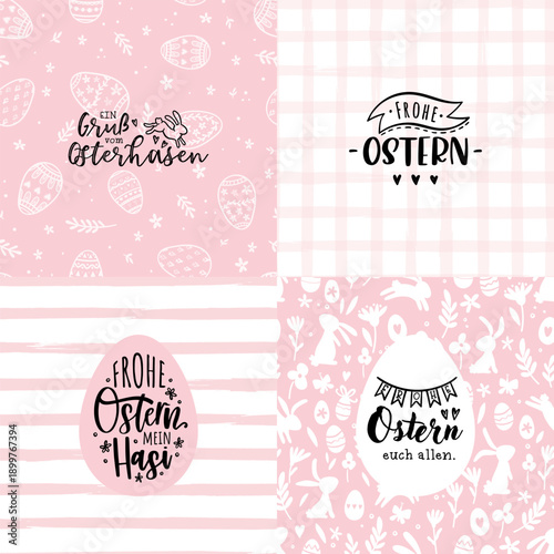 Collection of lovely hand drawn easter designs with text in german "Happy Easter" cute hand drawn bunnies, eggs and decoration