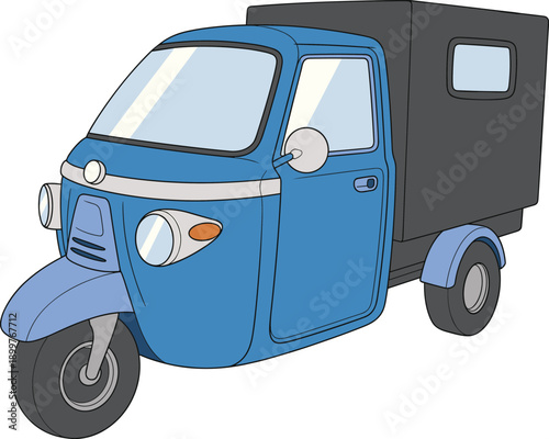 Auto rickshaw illustration, tuk-tuk vehicle, three-wheeled transport, urban mobility, compact design, blue cabin, black compartment, city travel, Asia transport, cad drawing flat vector illustration