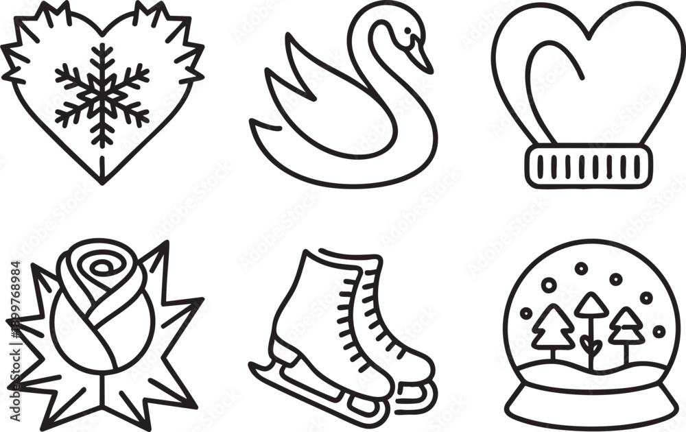 Obraz premium Winter heart swan ice skates rose snowflake and snow globe line art icons