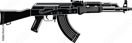Assault rifle, AK47 silhouette, firearm vector, military weapon, gun illustration, side profile, black icon, detailed components, cad drawing flat vector illustration